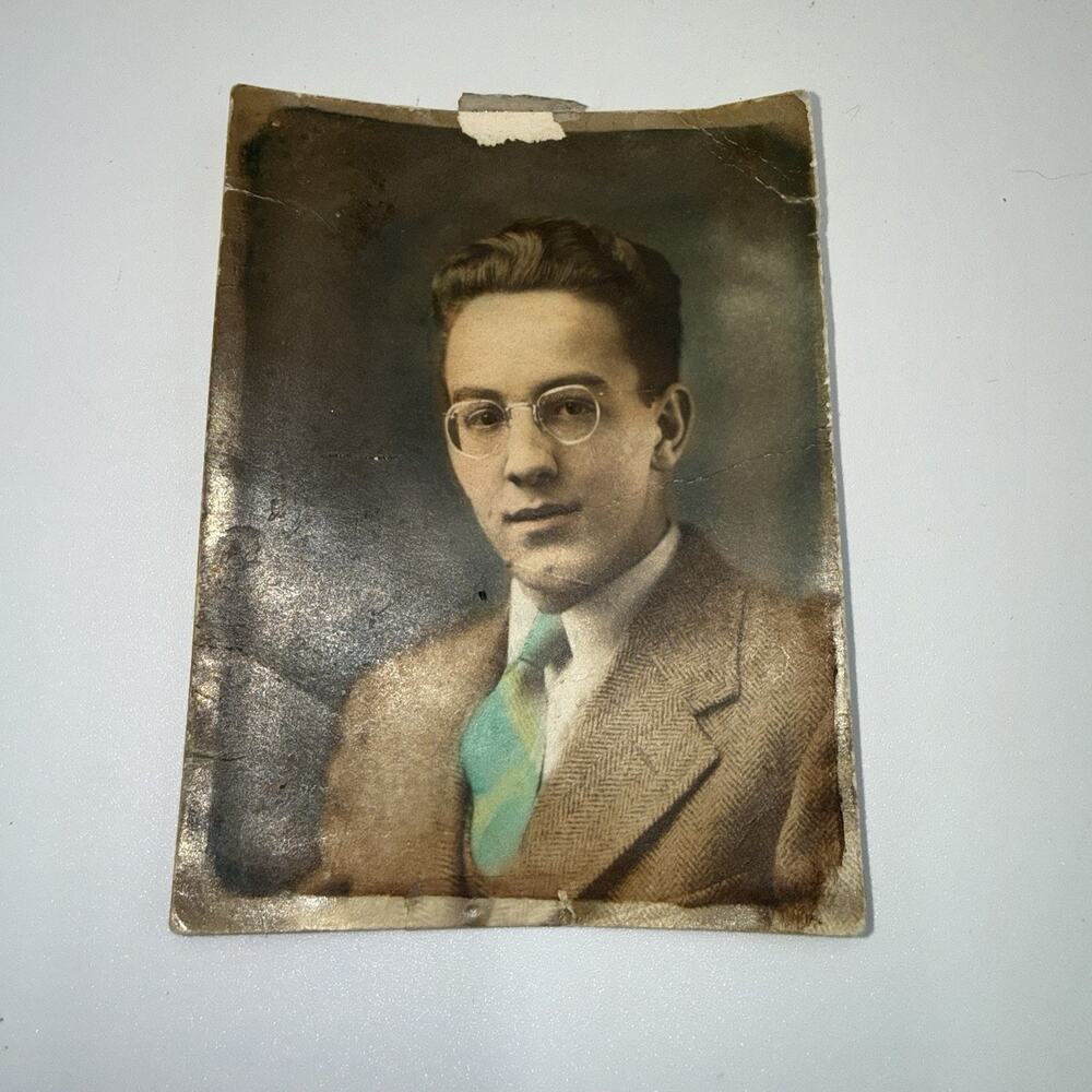 Antique Hand Tinted Portrait Photo Young Man Glasses 1920s 1930s